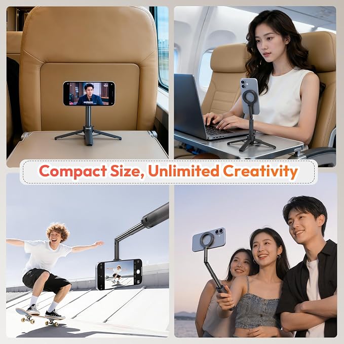 ULANZI MT71 Mini Magnetic Selfie Stick Tripod, Foldable & Lightweight, 180° Tilt, Compatible with iPhone 17-12 Series, with Adhesive Magnetic Ring for Desktop Shooting/Vlog/Selfie