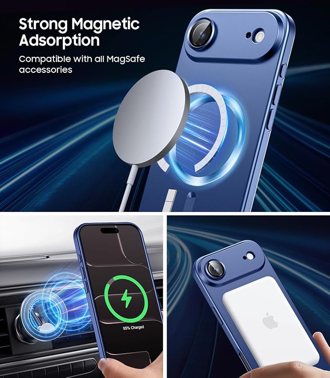 Magnetic for iPhone Air Case, Compatible with MagSafe, Built-in Camera Lens Protector, Slim Thin Soft Silicone Bumper Shockproof Metallic Luster Phone Case for iPhone 17 Air (Blue)