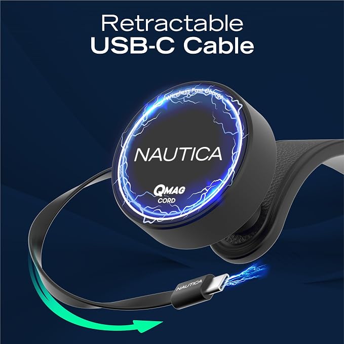 Nautica Turan QMAG Cord - Wireless Magnetic Car Charger 15W with Built-in Retractable USB-C Cable, Universal Fast Charging Phone Mount, Dashboard & Vent Mount for iPhone 17, Galaxy S25, Pixel 10