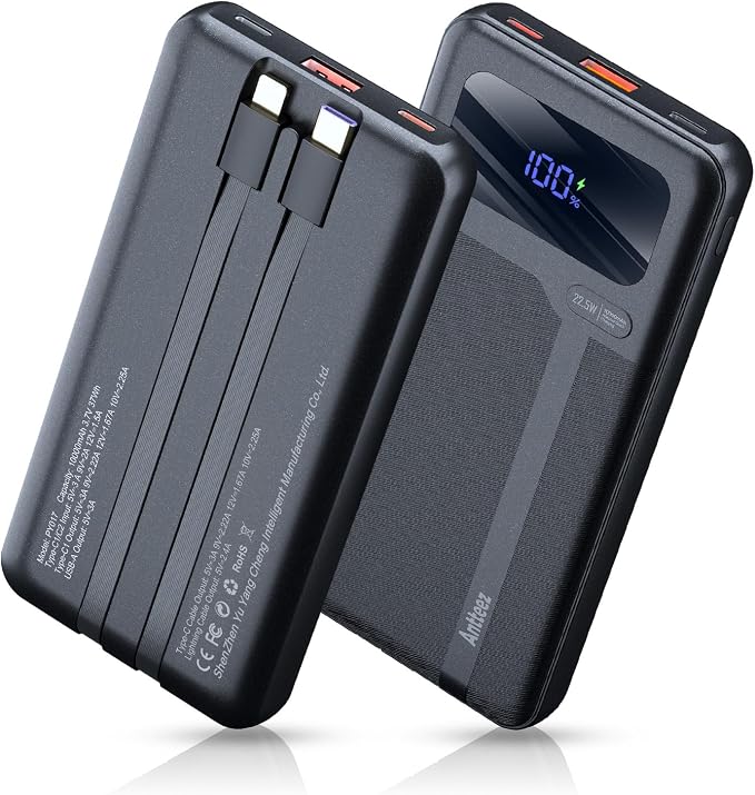 Antteez Portable Charger with Built in Cable - 10000mAh Fast Charging 22.5W Power Bank USB C LED Display Travel Battery Pack 4 Outputs & 2 Inputs for iPhone Samsung iPad Phones Tablets
