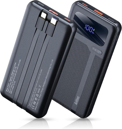 Antteez Portable Charger with Built in Cable - 10000mAh Fast Charging 22.5W Power Bank USB C LED Display Travel Battery Pack 4 Outputs & 2 Inputs for iPhone Samsung iPad Phones Tablets