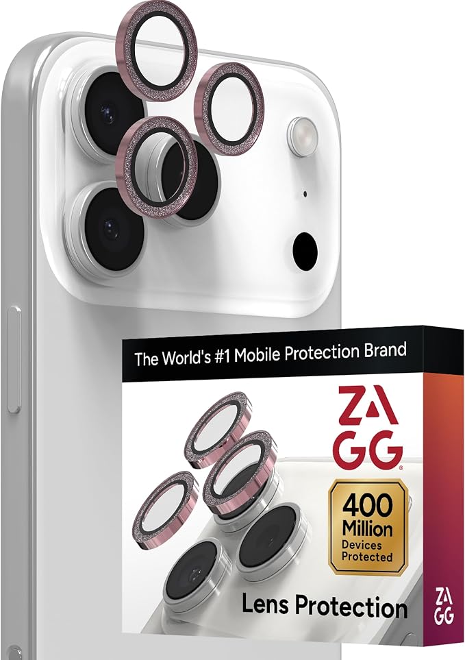 ZAGG iPhone Camera Lens Protector for iPhone 17/16/15 Pro and Pro Max Models - Pink Glitter, Camera Ring, Maximum Impact & Scratch Protection, Anti-Reflective Technology, Glass Elite