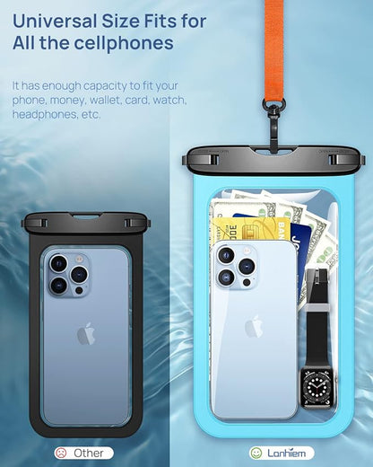 Lanhiem Large Waterproof Phone Pouch [Up to 10.5"] Universal IPX8 Waterproof Dry Bag with Lanyard for iPhone 17 Pro Max /16/15, S25 Ultra/ S24/ S23 Plus/FE, Moto G/Pixel 10 9 8 Pro, Black+Mint