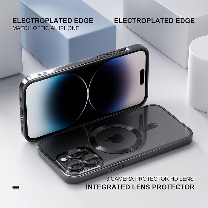 Misea Magnetic for iPhone 14 Pro Case Compatible with MagSafe [Never Yellowing] [Military Grade Drop Protection] Full Camera Lens Protector Plating Soft Clear Phone Case for Women Girls, Black