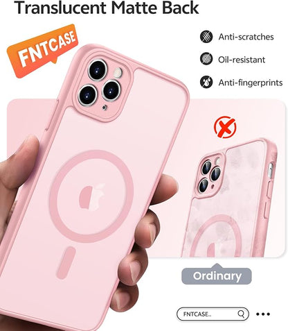 FNTCASE for iPhone 11 Pro Max Case, Fit for Magsafe, Full Camera Protection | Translucent Matte Magnetic Phone Back, 14FT Military Grade Drop Proof, Slim Shockproof Protective Cover, Light Pink