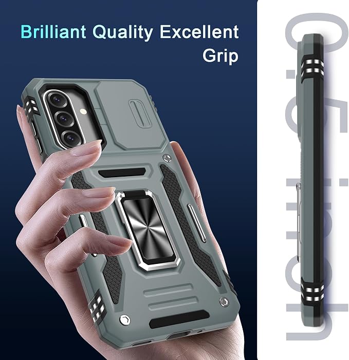 DEERLAMN Case for Samsung Galaxy A17 5G with Slide Camera Cover+Screen Protector (1 Pack), Rotated Ring Kickstand Military Grade Shockproof Protective Cover-Grey