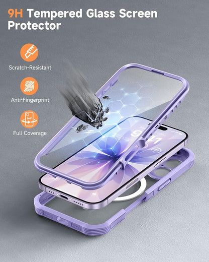 seacosmo for iPhone 17 Case, Full Body Bumper with Built-in Tempered Glass Screen Protector and Camera Lens Protection, Compatible with MagSafe, Shockproof 17 Phone Case, 6.3", Light Purple