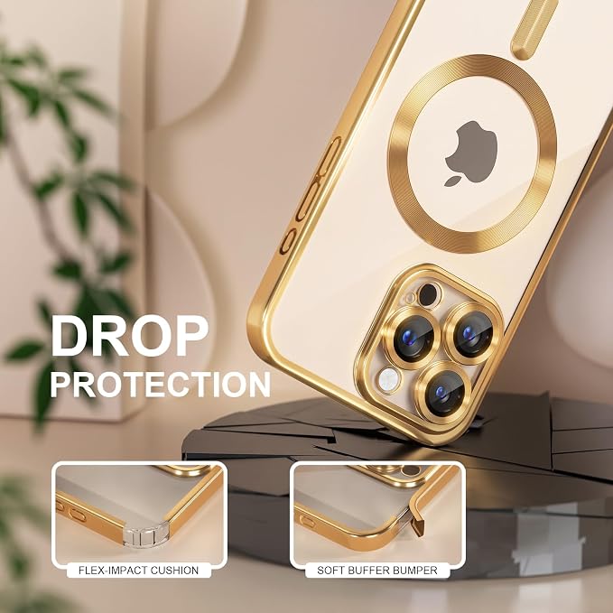 Misea Magnetic for iPhone 16 Pro Max Case Compatible with MagSafe [Never Yellowing] [Military Grade Drop Protection] Full Camera Lens Protector Plating Soft Clear Phone Case for Women 6.9", Gold