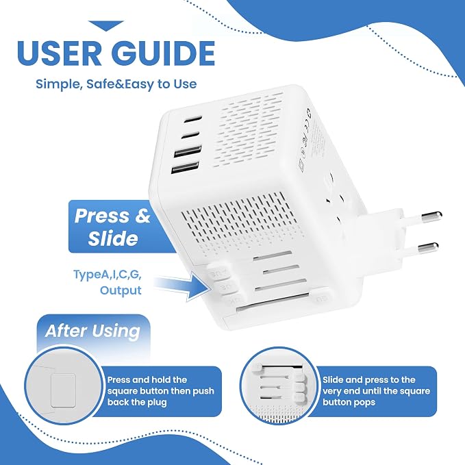 Converter for European Travel with AC Socket, 2 USB C & 2 USB A Ports | Specially for Hair Dryers, Compact Voltage Converter US to Europe, 220v to 110v Voltage Converter