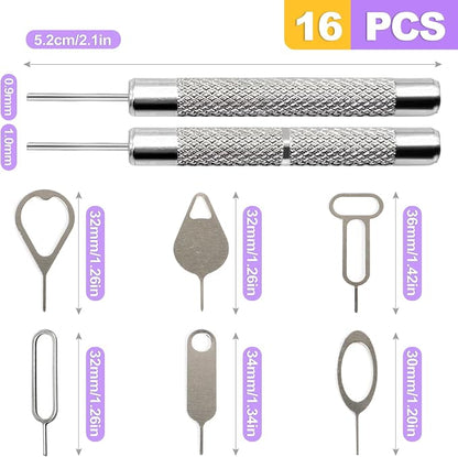 16 Pack SIM Card Ejector Tool Kit, Phone Tray Opener Pin for Easy Removal, Standard Key for Most Cell Phones, Tablets and Other Mobile Devices