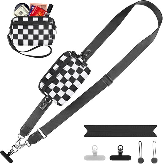 YFWE Clip and Go Strap for Phone with Wallet Crossbody, Adjustable Phone Lanyard with Detachable RFID Wristlet Wallet, Phone Strap with Phone Tabs for All Phones, Black Checkered (M)