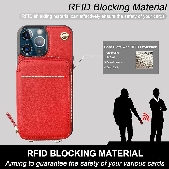 Bocasal Crossbody Wallet Case for iPhone 13 Pro Max, RFID Blocking Leather Purse Case with Card Holder, Protective Handbag Flip Cover with Zipper Wrist Strap Lanyard for Women 5G 6.7 Inch (Red)