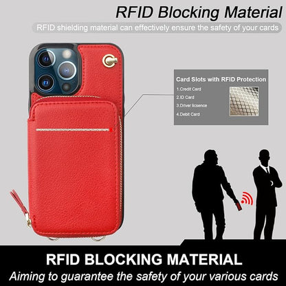 Bocasal Crossbody Wallet Case for iPhone 13 Pro Max, RFID Blocking Leather Purse Case with Card Holder, Protective Handbag Flip Cover with Zipper Wrist Strap Lanyard for Women 5G 6.7 Inch (Red)