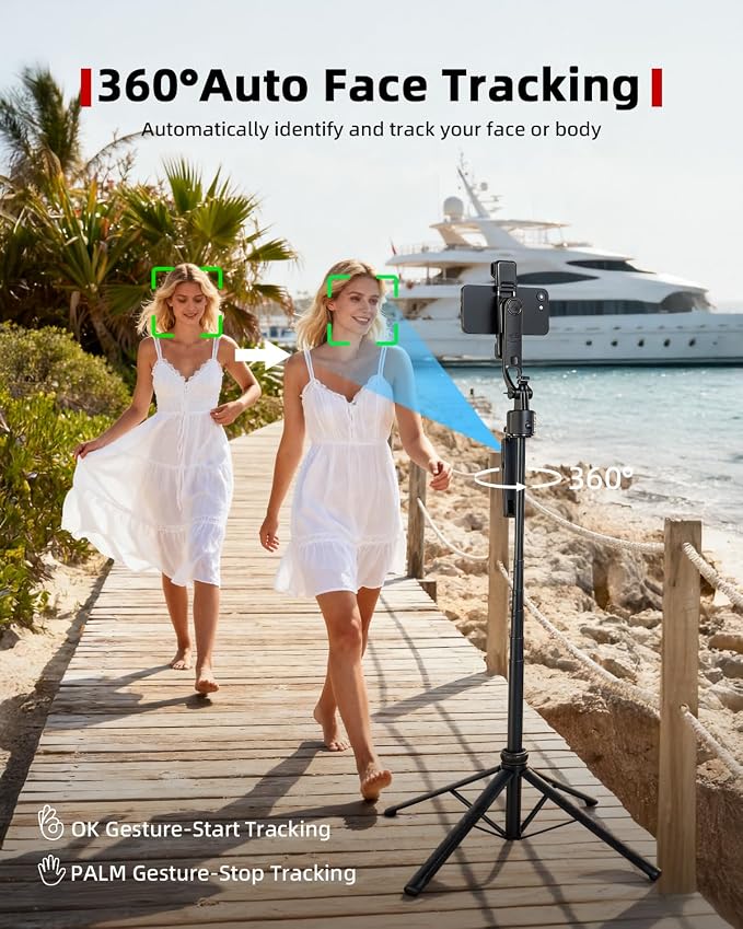 Auto Face Tracking Selfie Stick Tripod for iPhone with Light 360° Rotation That Follows Your Movement 63" Camera Tripod Stand with Remote for Content Creator Vlog Live Stream Video Recording