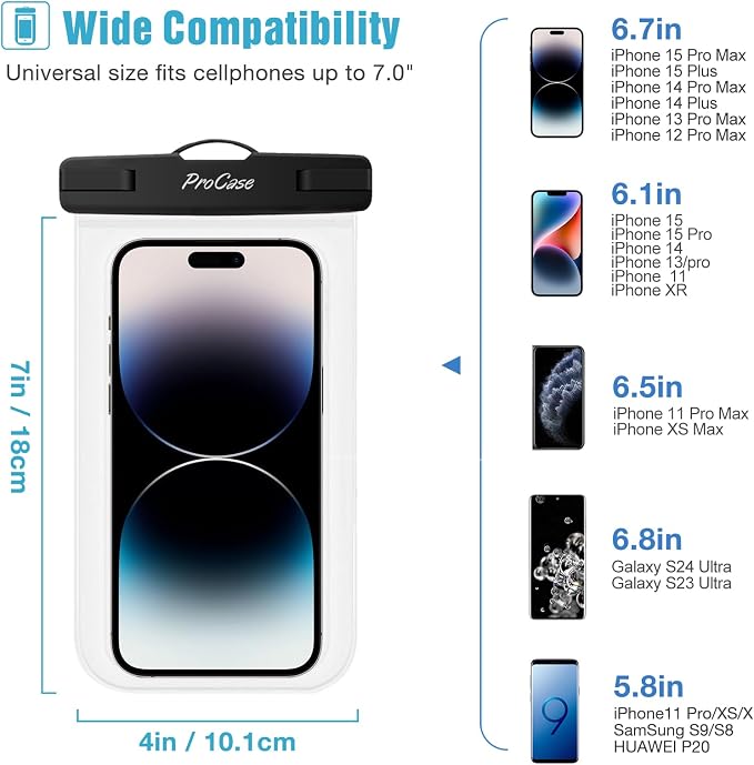 ProCase Waterproof Phone Pouch for iPhone 17 Air 16 15 14 13 12 11 Pro Plus Max Mini Xs XR X 8 7 Galaxy S23 S22 S21 Ultra Note Black Underwater Case, up to 7" -Blue/Green/Pink/Yellow