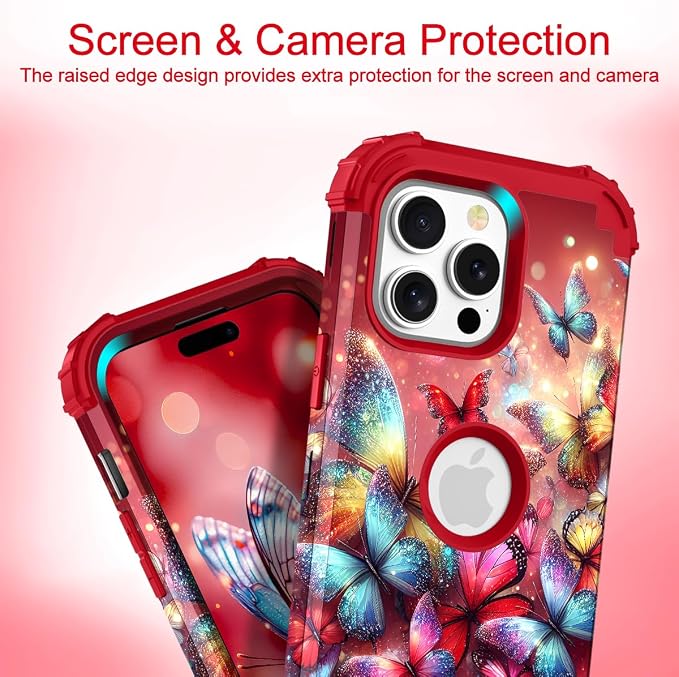 Hocase for iPhone 15 Pro Max Case, Heavy Duty Shockproof Protection Soft Silicone Rubber Bumper+Hard Plastic Hybrid Protective Case for iPhone 15 Pro Max 6.7" 2023 - Shimmering Butterflies in Red
