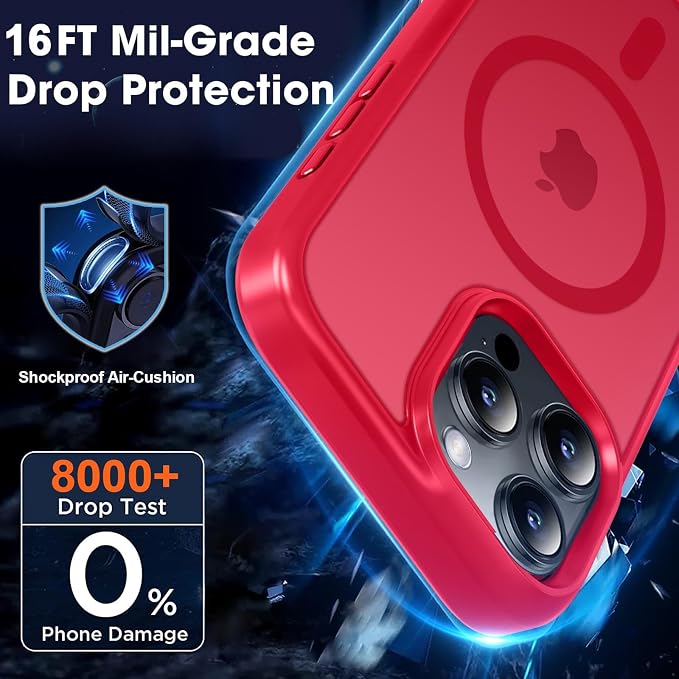 MOCCA Strong Magnetic for iPhone 16 Pro Phone Case, [Compatible with Magsafe][16FT Mil-Grade Drop Protection] Slim Thin Translucent Matte Protective Cover Case for iPhone 16 Pro Case, Red