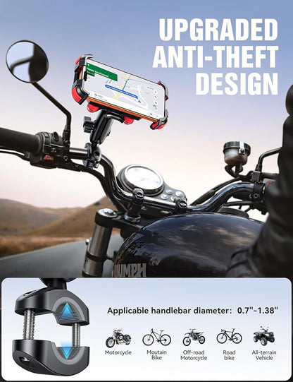 JOYROOM Motorcycle Phone Mount Holder - [Dual Vibration Dampener] [Metal Adjustment Arm] Motorcycle Cell Phone Holder Mount, Bike Bicycle Handlebar Phone Mount for All 4.7''-7'' Cell Phones, Red