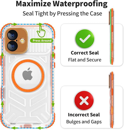 for iPhone 16 Waterproof Case, Compatible with MagSafe, IP68 Built-in Camera Control, Military Shockproof & Screen Protector for Water Sports, 6.1 Inch Frosted Orange