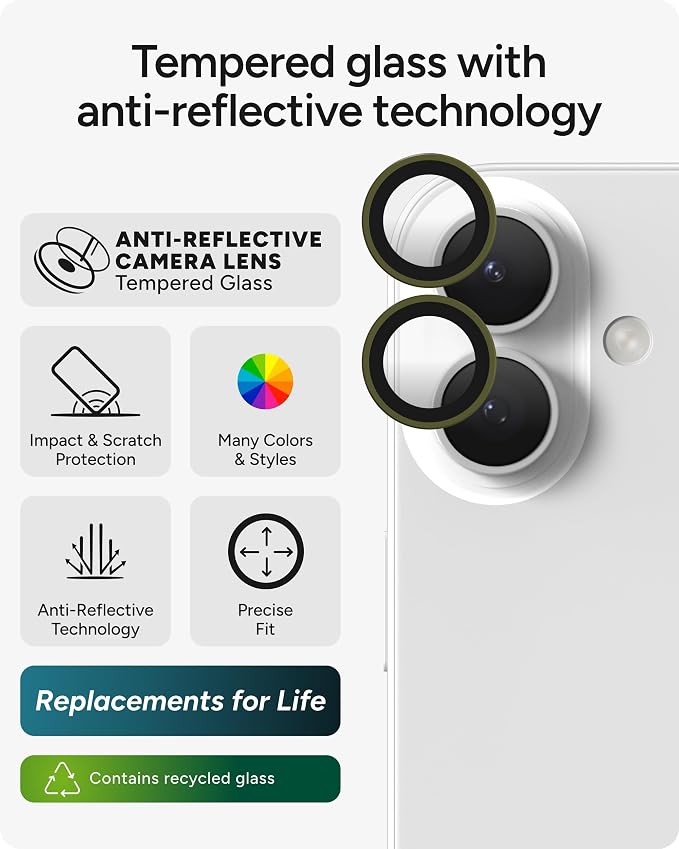 ZAGG iPhone Camera Lens Protector for Phone 17/16/ 16 Plus - Green Sea Kelp, Camera Ring, Maximum Impact & Scratch Protection, Anti-Reflective Technology, Smudge-Resistant, Precise Fit, Glass Elite