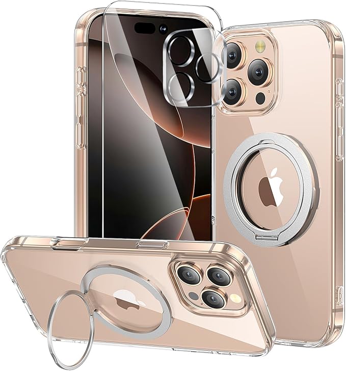 3 in 1 for iPhone 16 Pro Case Clear with Stand,Not Yellowing,Flexible Stable Stand,Kickstand,fits MagSafe,Military-Grade Protection Phone case for iPhone 16 pro Clear - Ring Holder