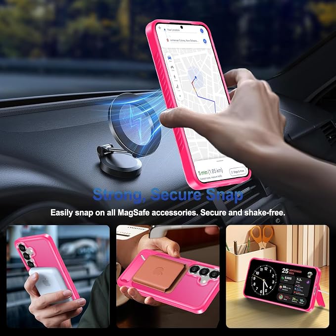 RMOCR for Samsung Galaxy S25 Case with Screen Protector+Lanyard Wrist Strap,Magnetic Translucent Matte Rugged Slim Phone Cover Built in Invisible Kickstand [Fit for MagSafe],2025 Hot Pink