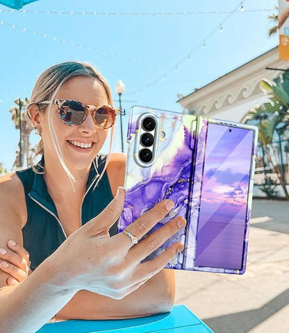 Btscase for Samsung Galaxy Z Fold 7 Case,Built in Front Screen Protector,Gold Glitter Marble Pattern Hard PC Slim Shockproof Full Body Drop Protective Case for Galaxy Z Fold 7 5G, Cobalt Violet