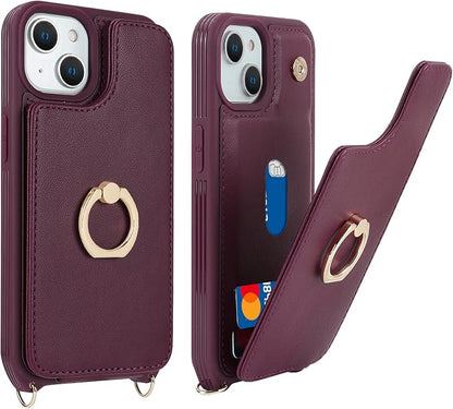 Lipvina for iPhone 14 Plus Case with Card Holder and Strap for Women,Crossbody Lanyard,RFID Blocking,Stand Ring Kickstand,Snap Clasp,Phone Wallet Cases 6.7 inch(Wine Red)