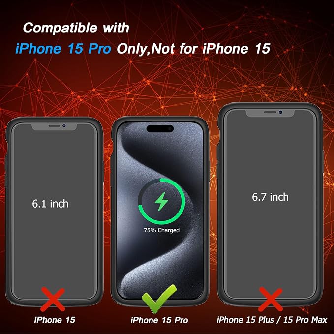 Battery Case for iPhone 15 Pro, [10000mAh] Enhanced Portable Protective Smart Qi Wireless Charger Case Battery Pack with CarPlay Wireless Charging Case Compatible for iPhone 15 Pro (6.1 inch)-Black
