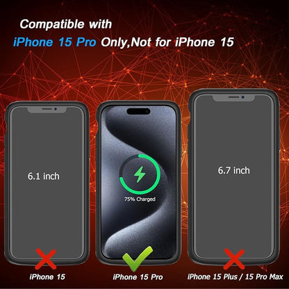 Battery Case for iPhone 15 Pro, [10000mAh] Enhanced Portable Protective Smart Qi Wireless Charger Case Battery Pack with CarPlay Wireless Charging Case Compatible for iPhone 15 Pro (6.1 inch)-Black