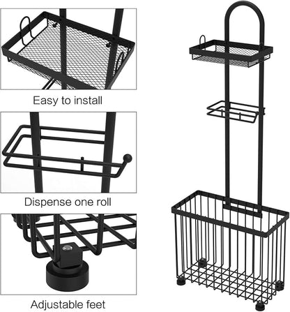 X-cosrack Freestanding Toilet Paper Holder Toilet Tissue Rack Scroll Stand Roll Dispenser with Storage Shelf Reserve for Phone Tablet Magazine Bathroom Organizer Bath Tissue Organizer (Black)