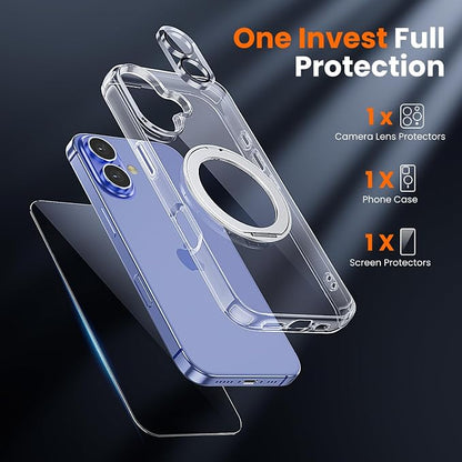 3 in 1 for iPhone 16 Plus Case Clear Ring Holder | Screen Protector *1 & Camera Lens Protector*1, Not Yellowing, Build in Kickstand, Military-Grade Protection