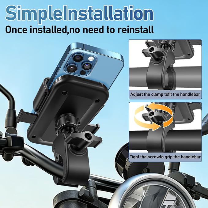 Motorcycle Phone Mount, Bike Bicycle Mount Handlebar Cell Phone Clamp Ebike Scooter Phone Clip for iPhone 16 Pro Max/Plus, 15 Pro Max, S10, S20, More 4.7" to 6.8" Smartphones