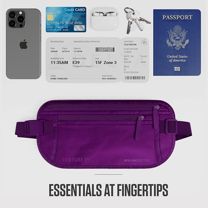 VENTURE 4TH Money Belt for Travel – Hidden Under-Clothes RFID Blocking Passport Holder & Slim Travel Wallet Pouch for Men & Women to Protect Cash, Cards & Documents (Sleek Purple)