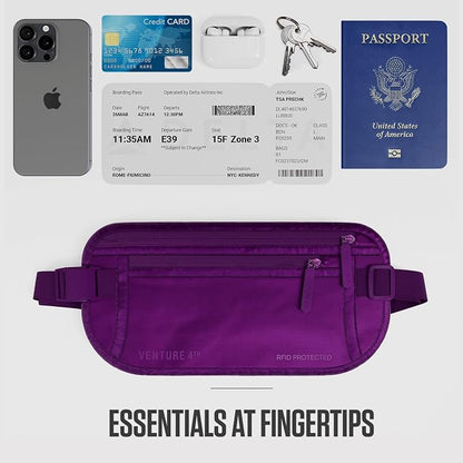 VENTURE 4TH Money Belt for Travel – Hidden Under-Clothes RFID Blocking Passport Holder & Slim Travel Wallet Pouch for Men & Women to Protect Cash, Cards & Documents (Sleek Purple)