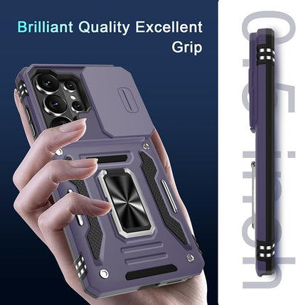 DEERLAMN Case for Samsung Galaxy S26 Ultra 6.9-Inch with Slide Camera Cover+Screen Protector(1 Pack), Rotated Ring Kickstand Military Grade Shockproof Protective Cover-Deep Purple