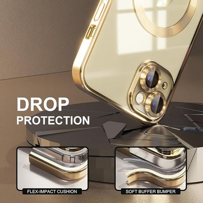 Misea Magnetic for iPhone 15 Plus Case Compatible with MagSafe [Never Yellowing] [Military Grade Drop Protection] Full Camera Lens Protector Plating Soft Clear Phone Case for Women, Gold