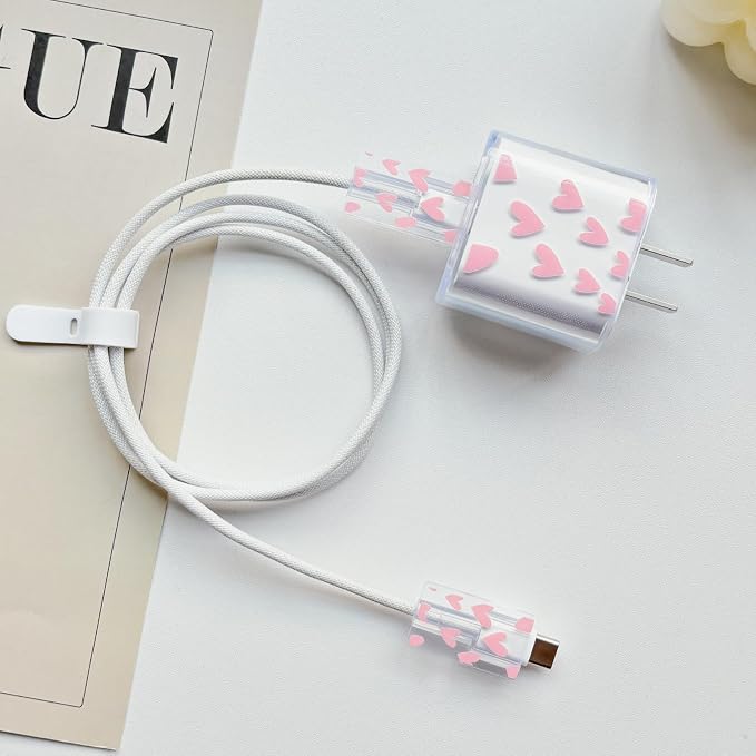 Lovmooful Compatible for iPhone 18W/20W USB-C Charger Cover Clear Lovely Love Heart Design Soft Charger Protector Cute Cable Case Saver Protector for Girls Women-Pink Heart