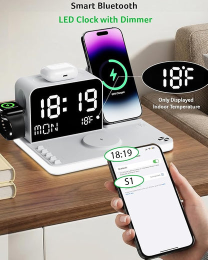 Acer 7-in-1 Wireless Charging Station with LED Clock - 30W Fast Wireless Charger for iPhone 16/15/14/13/12/Pro Max, Apple Watch, AirPods - Bluetooth Auto Time Sync & Night Lights (White)