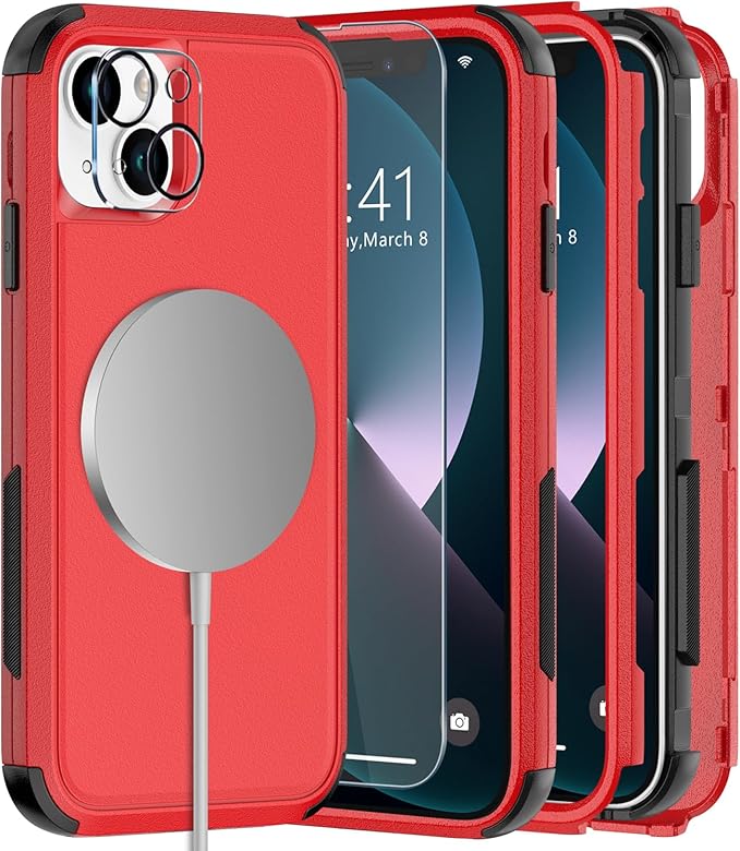 Diverbox for iPhone 13 Phone Case,iPhone 13 Magnetic Case [with Screen Protector & Camera Lens Protector ] Heavy Duty Phone Case for iPhone 13 (Magnetic Red)