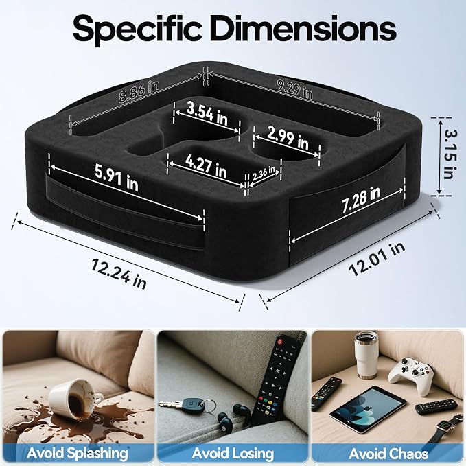 Couch Cup Holder Pillow, Sofa and Bed Caddy for iPad, Kindle, Switch, Game Controller, Remotes, Phones, Small-Sized Cup and Drink Holder for Couch, Bed, Desk, Car, Beach, Bathroom Cup Holder, Black