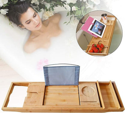 Bamboo Bathtub Tray, Expandable Bath Tray Multifunctional Drain Bath Shelf Caddy Tray Bathtub Storage Rack Bath Tub Tray Table for Candle Towel Book Wine Phone Shower
