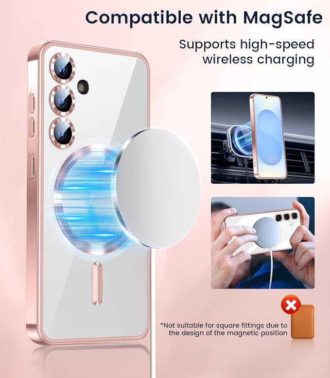 Slim Thin for Samsung Galaxy S25 Case 6.2'', Compatible with MagSafe, Built-in Camera Lens Protector, Shockproof Protective Phone Case, Soft Electroplated Clear Phone Cover, Rose Gold