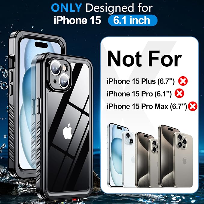 MOZOTER for iPhone 15 Case Waterproof,[IPX8 Underwater Case][Full Body Shockproof & Military Dropproof] Clear Sound Quality Built-in Screen Protector for iPhone 15 6.1 inch-Black