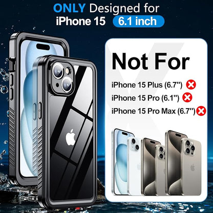 MOZOTER for iPhone 15 Case Waterproof,[IPX8 Underwater Case][Full Body Shockproof & Military Dropproof] Clear Sound Quality Built-in Screen Protector for iPhone 15 6.1 inch-Black