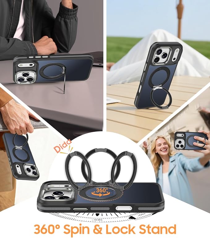 for iPhone 17 Pro Max Case with 360 Magnetic Ring Stand, Fit MagSafe, Military-Grade Shockproof Protection, Non-Slip Slim Translucent Protective Phone Cover, Black