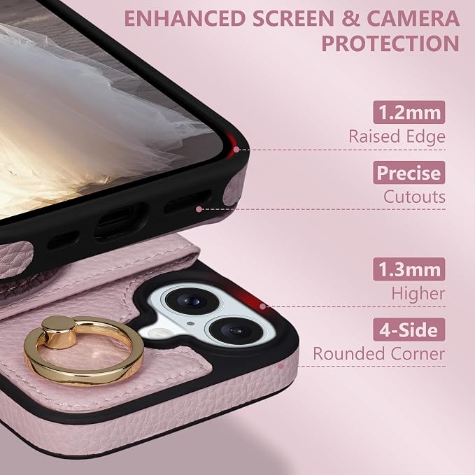 Keallce Wallet Case for iPhone 16 Plus 6.7'', Flip Case with Card Slots, Ring Holder Kickstand, PU Leather Protective Folio Cover for Women, Pink