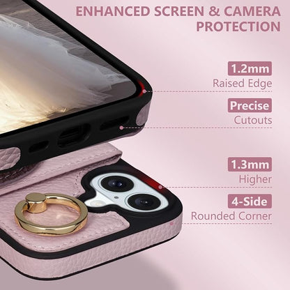 Keallce Wallet Case for iPhone 16 Plus 6.7'', Flip Case with Card Slots, Ring Holder Kickstand, PU Leather Protective Folio Cover for Women, Pink