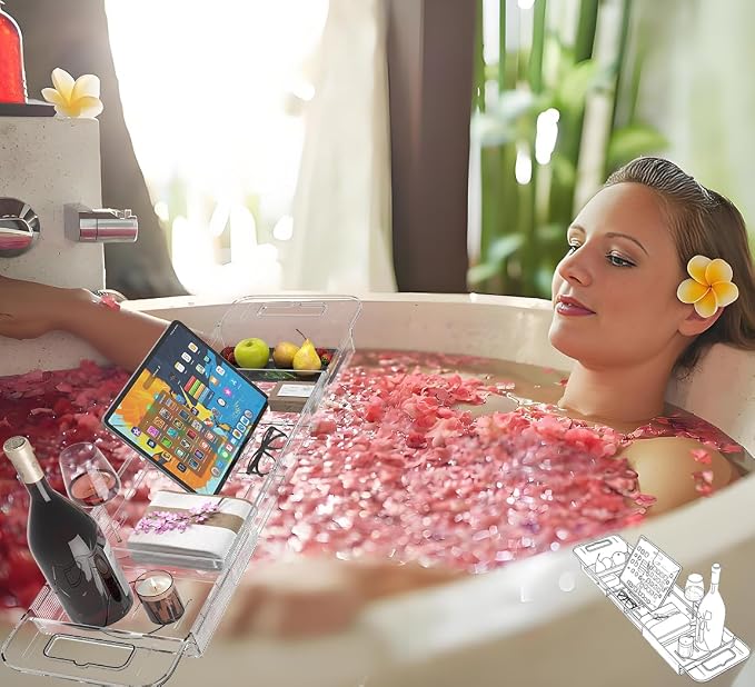 Resze Premium Clear Bathtub Caddy Tray, Expandable Plastic Bath Tray with BPA-Free, Waterproof Foldable Bathtub Shelf, Perfect for a New Home & Mother’s Day & a Birthday Gift for Mom