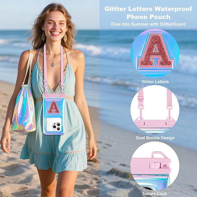 Waterproof Phone Pouch, IPX8 Floating Waterproof Phone Case Fits 7″Phones, Glitter Letter and Adjustable Neck/Crossbody Strap Design, Cruise Ship Travel Beach Essentials（Iridescent Pink